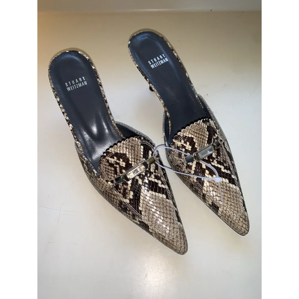 NWOT Stuart Weitzman 9.5M Snakeskin Pointy Toe Open Heel Slip On Heels 4007979